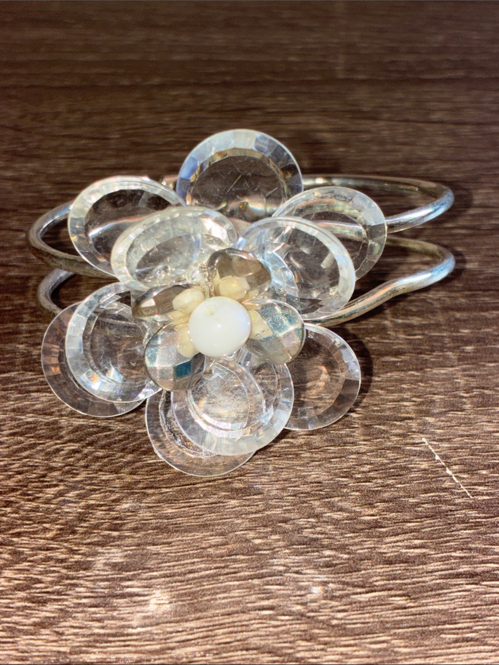 Vintage Crystal Flower Cuff Bracelet - Clear Floral Design